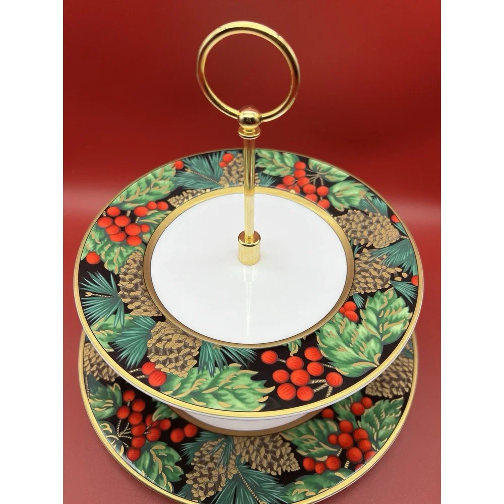 Fitz & Floyd Holiday Pine Bone China 2 Tiered Cookie Dessert Plate Server